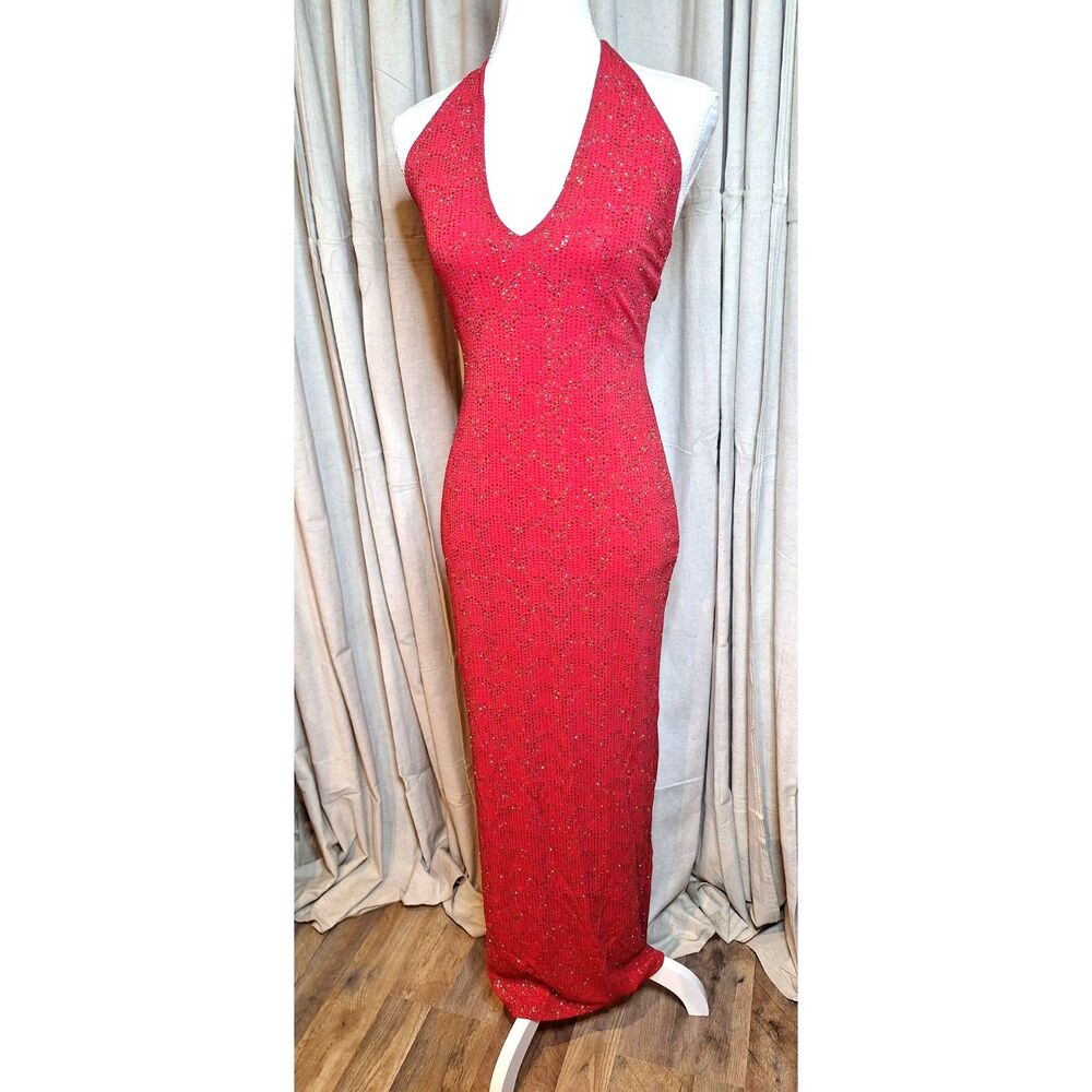 Gunne Sax Jessica McClintock Vtg Y2K Red Glitter Halter Glitter Maxi Dress